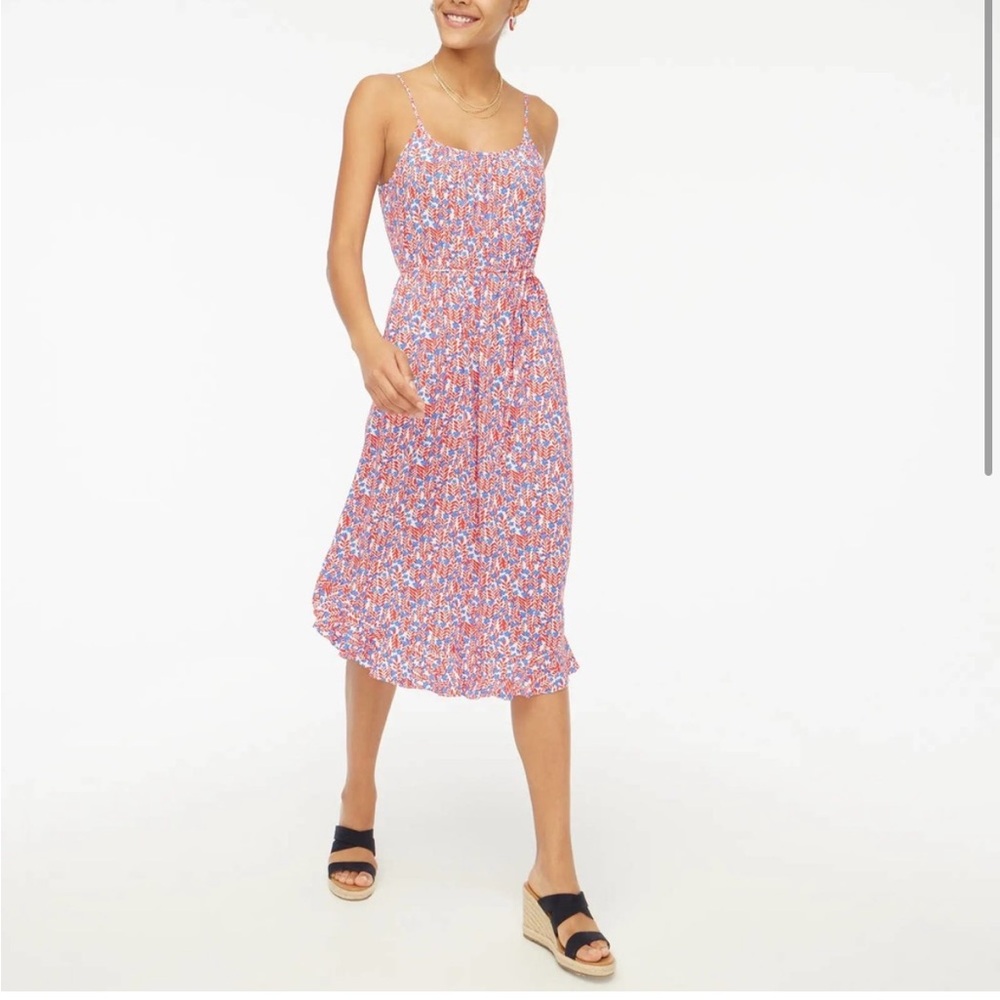 🇺🇸 J.Crew Factory Floral ruffle midi dress with curved hem red white blue 8P
